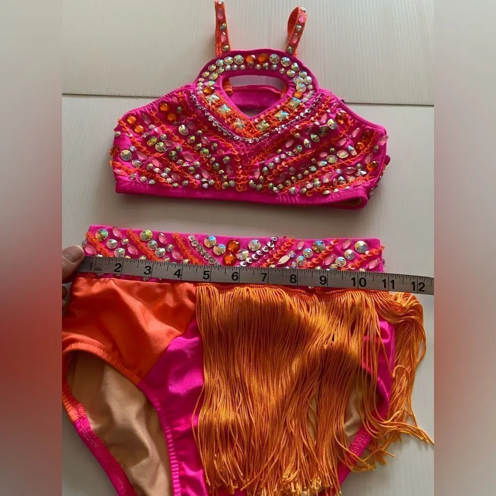 Glamour dance solo costume neon orange fringe rhinestone 2 piece LC-large child